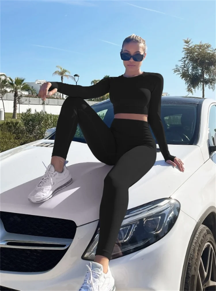 Women Yoga Sets Workout 2 Pieces Seamless Sportswear Gym Clothing Tracksuit Long Sleeve Crop Top High Waist Leggings for Fitness