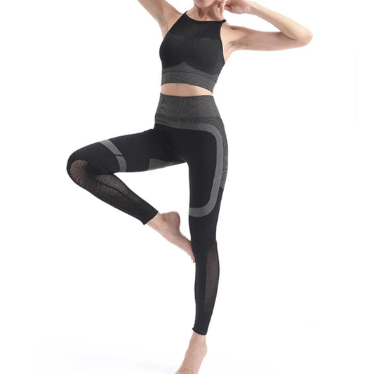 Seamless Hollow Out Mesh See-through Beauty Back Sports Bra High Waist Stretch Leggings Pants 2Pcs Tracksuits Yoga Wear