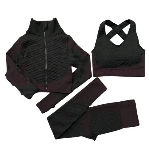 2 or 3-piece set, gym clothing, long sleeve crop top, high-waisted leggings