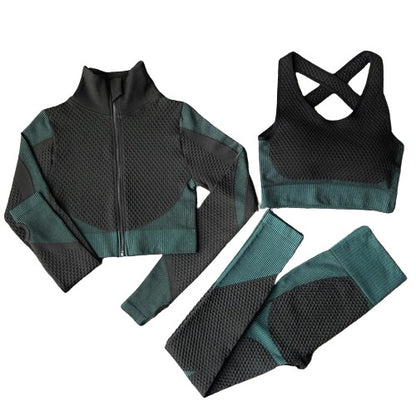 2 or 3-piece set, gym clothing, long sleeve crop top, high-waisted leggings