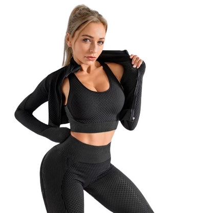 2 or 3-piece set, gym clothing, long sleeve crop top, high-waisted leggings