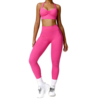 Fashion Push up Tight Halterneck Back Yoga Suit Brushed Quick-Drying Workout Clothes Running Sports Suit Female Two Pieces