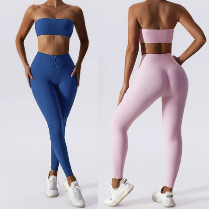 European and American Tube Top Nude Feel Tight Yoga Clothes Set Women Sexy Bottoming Sports Push up Training Workout Clothes Two-piece Set