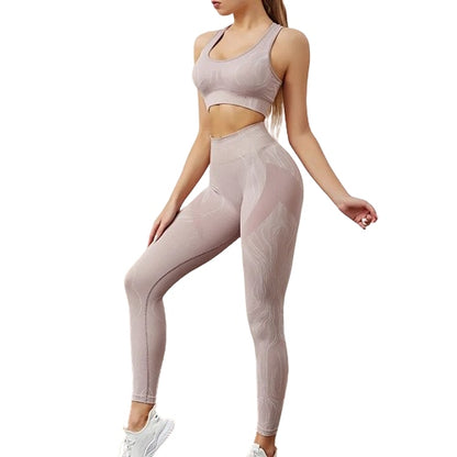 Seamless Printed Yoga Sets Sports Fitness High Waist Hip-Lifting Pants Beauty Back Vest Suits Workout Gym Leggings Set for Women