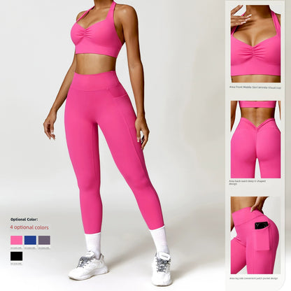 Fashion Push up Tight Halterneck Back Yoga Suit Brushed Quick-Drying Workout Clothes Running Sports Suit Female Two Pieces