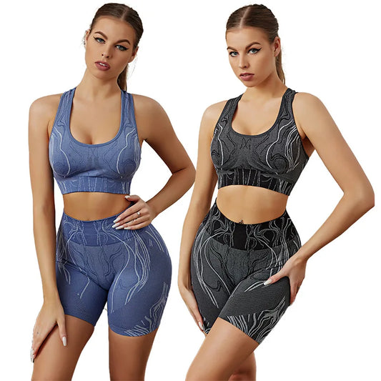 Seamless Printed Yoga Sets Sports Fitness High Waist Hip-Lifting Pants Beauty Back Vest Suits Workout Gym Leggings Set for Women